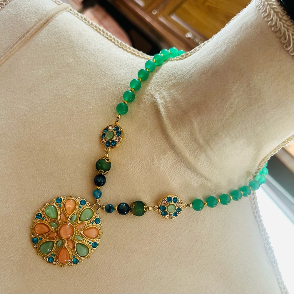 Handcrafted repurposed green chalcedony bead medallion necklace